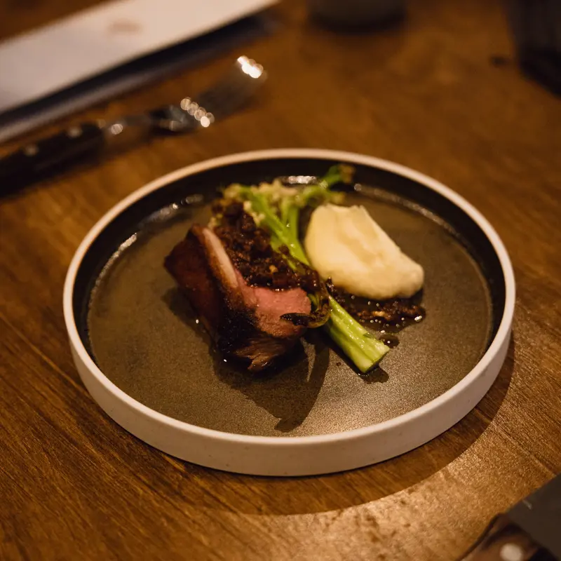 Delikat hovedrett servert på Yggdrasila Fine dining, Culot med xo saus, potetmos, og brokkoli